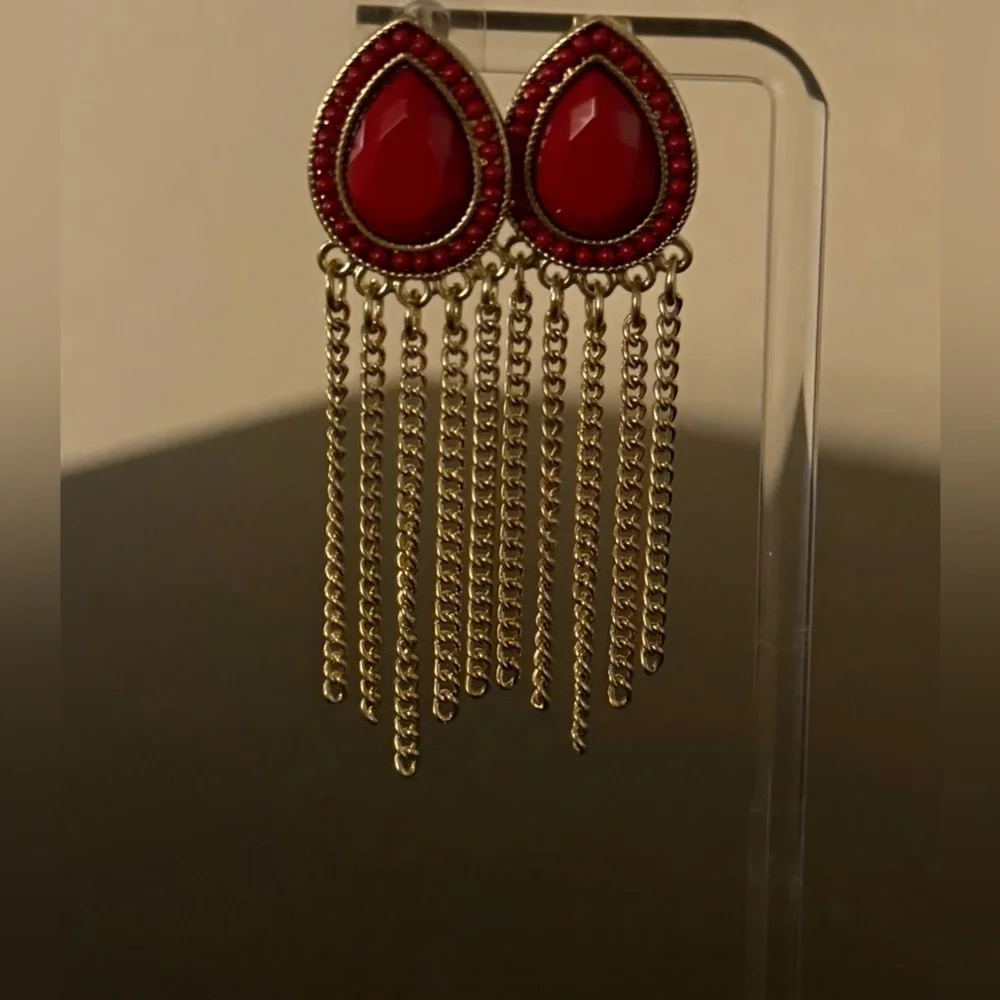 Boho Red Teardrop Statement Earrings | Gold Tone Chain Fringe | Hypoallergenic